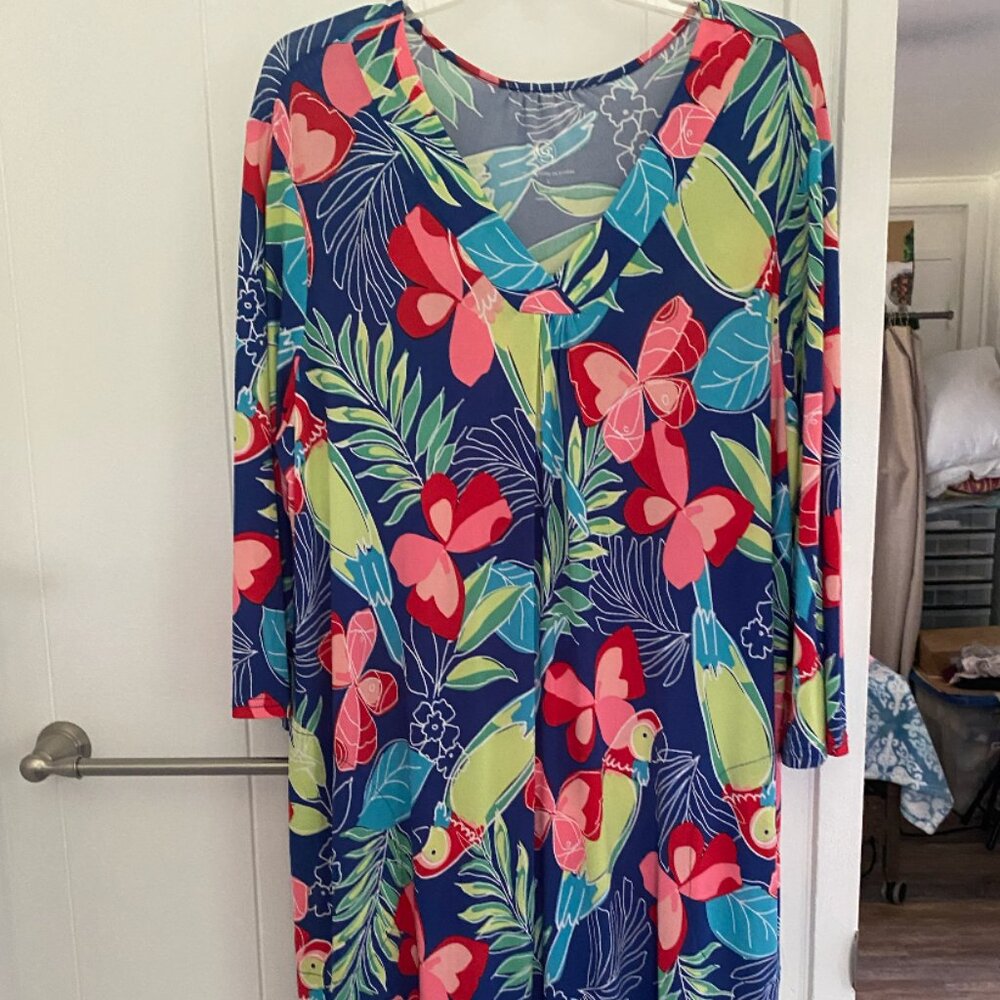 GS Hawaiian Tropical Dress with Macaw Birds Butterflies Flowers Large